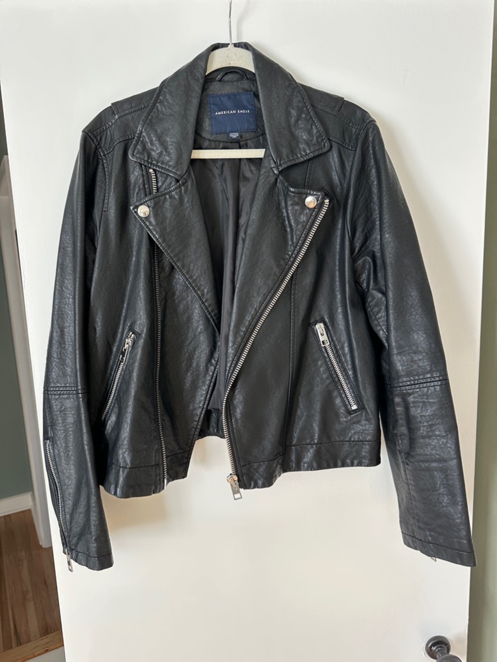 American Eagle Outfitters Black Faux Leather Moto Jacket with Silver Hardware